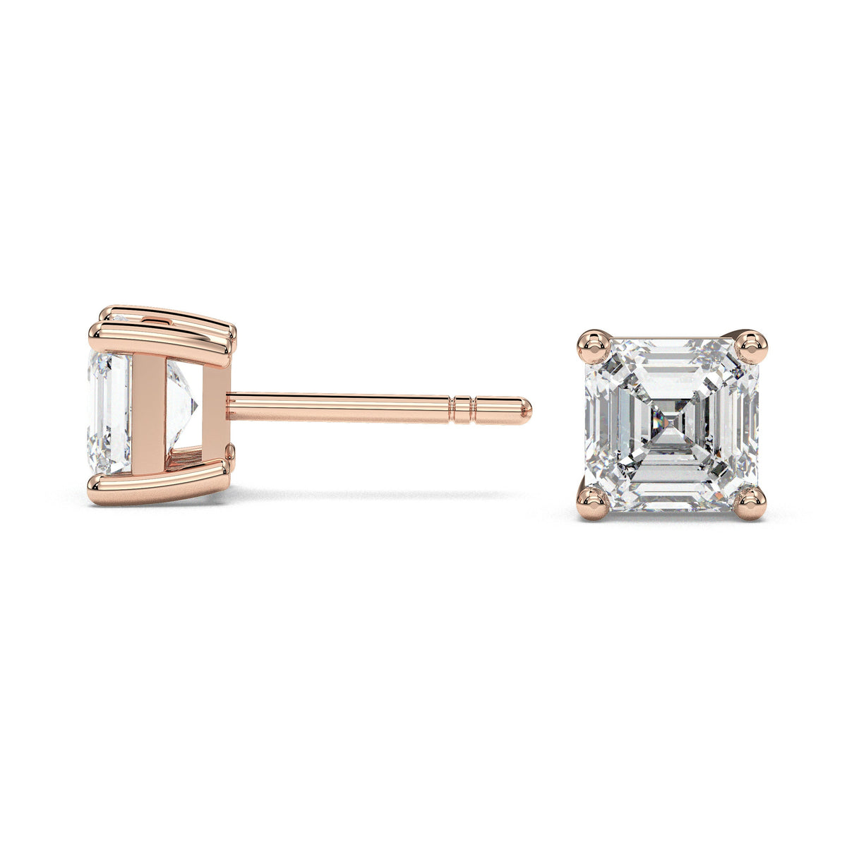 Square four-prong stud earrings, moissanite stones in 18K Rose Gold Vermeil