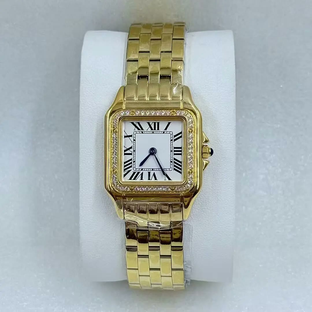 Square Link Watch with Crystal Bezel – Simone, Gold Tone · White Dial