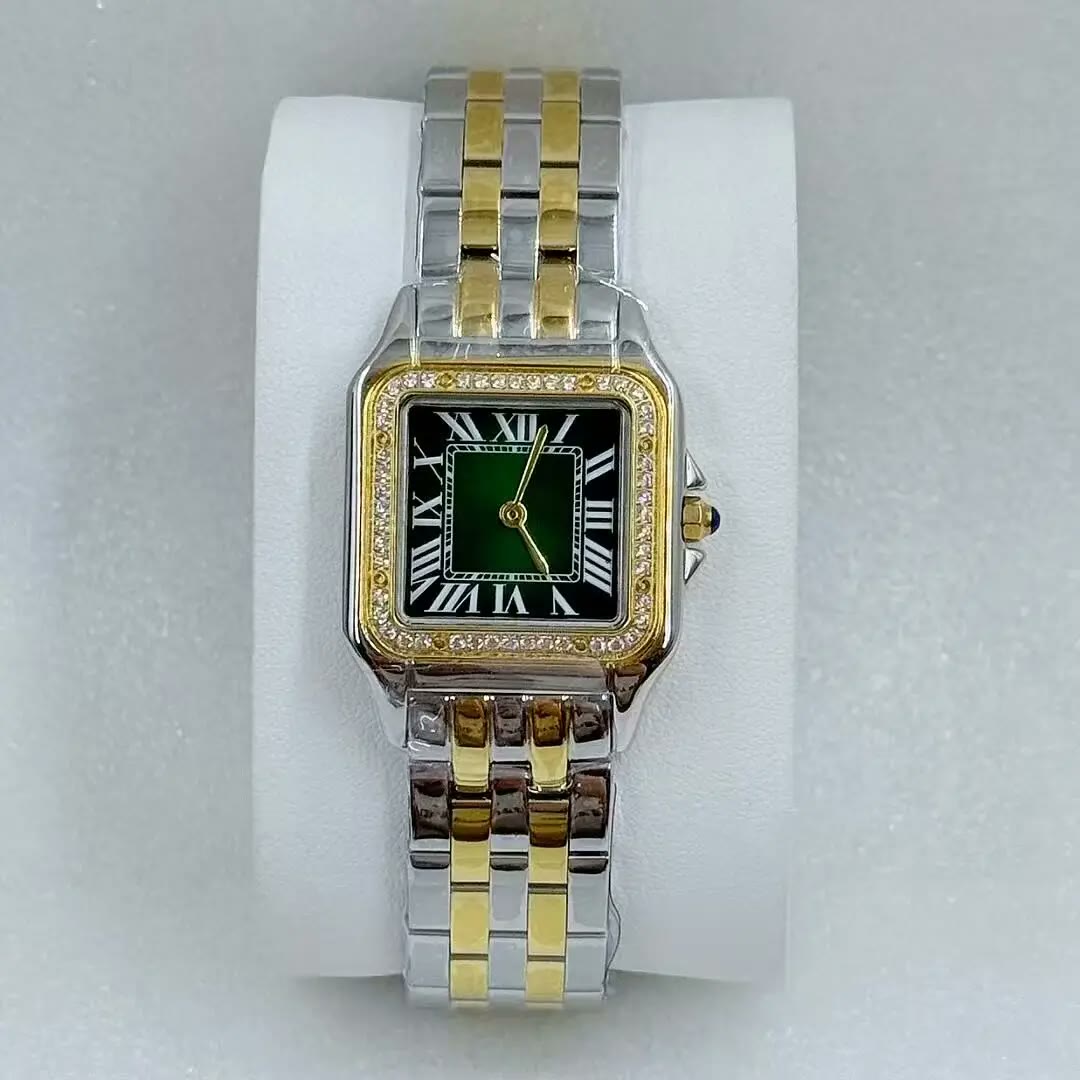 Square Link Watch with Crystal Bezel – Simone, Two-Tone · Green Dial