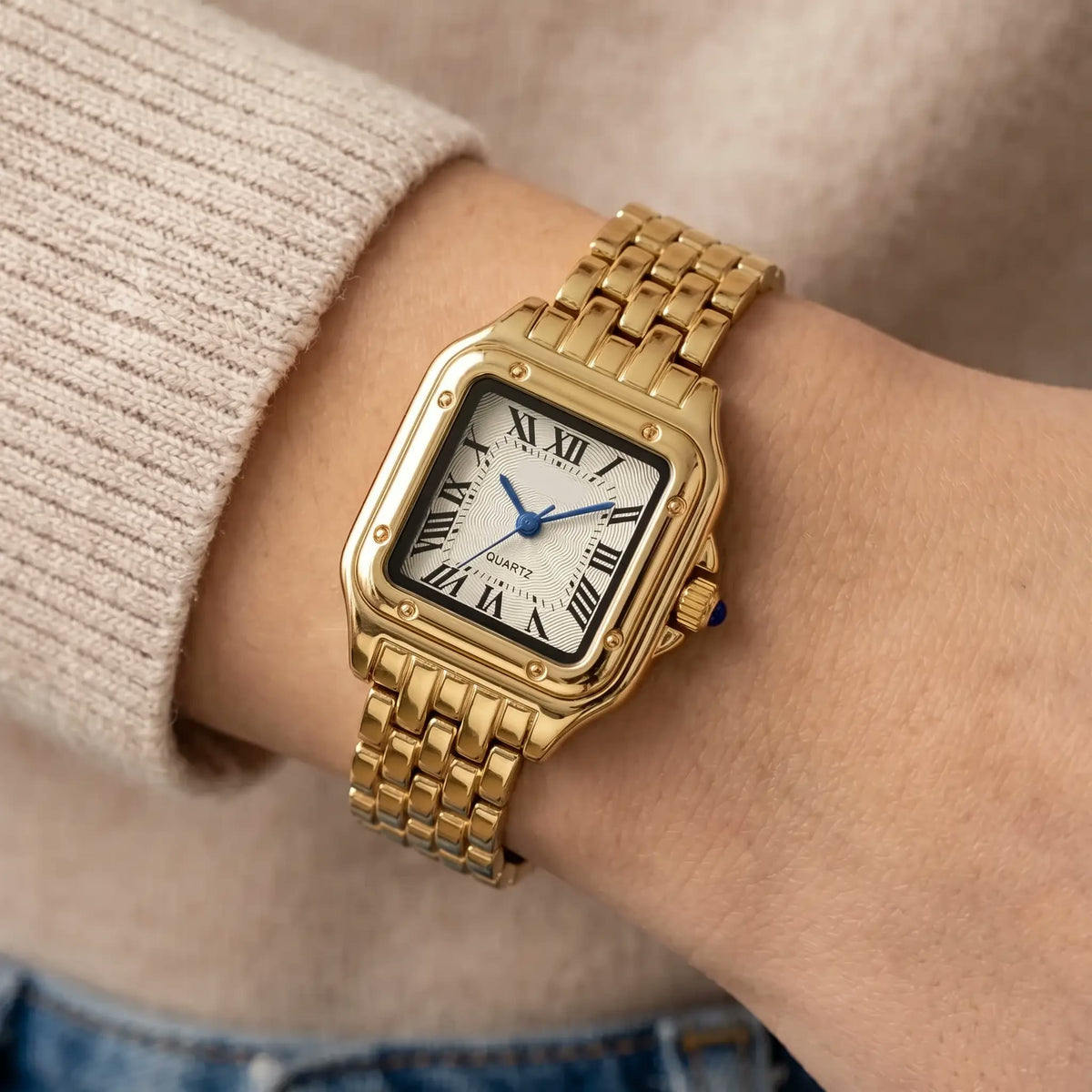 Square Roman-Numeral Link Watch – Agathe, Gold Tone