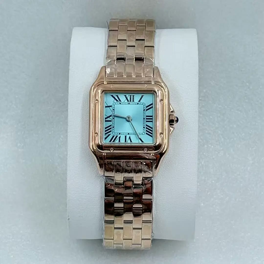 Square Stainless Steel Link Watch – Joséphine, Rose Gold Tone · Ice Blue Dial