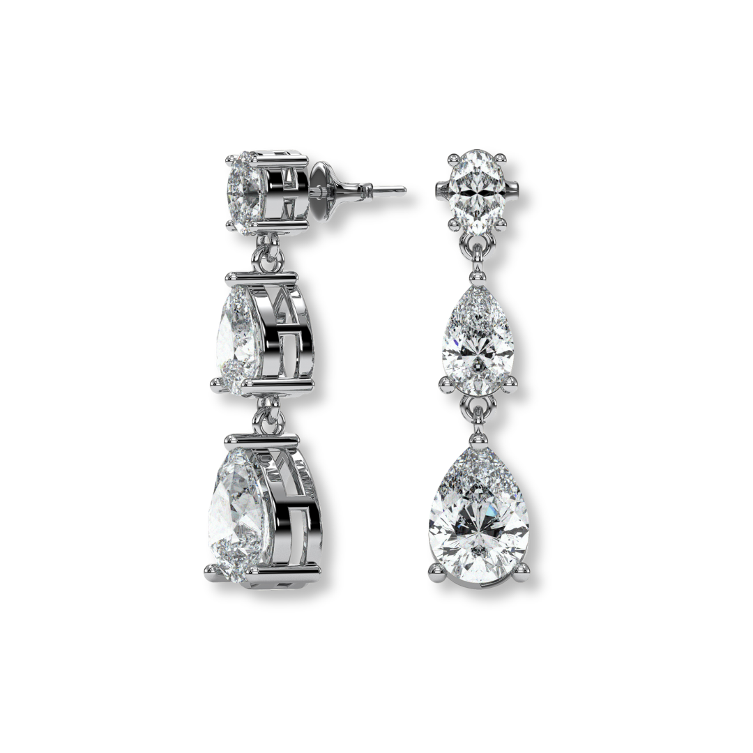 Three-tier pear drop earrings, moissanite stones in 18K White Gold Vermeil