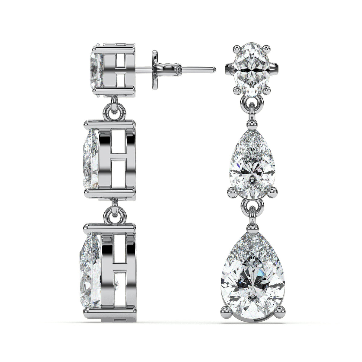 Three-tier pear drop earrings, moissanite stones in 18K White Gold Vermeil