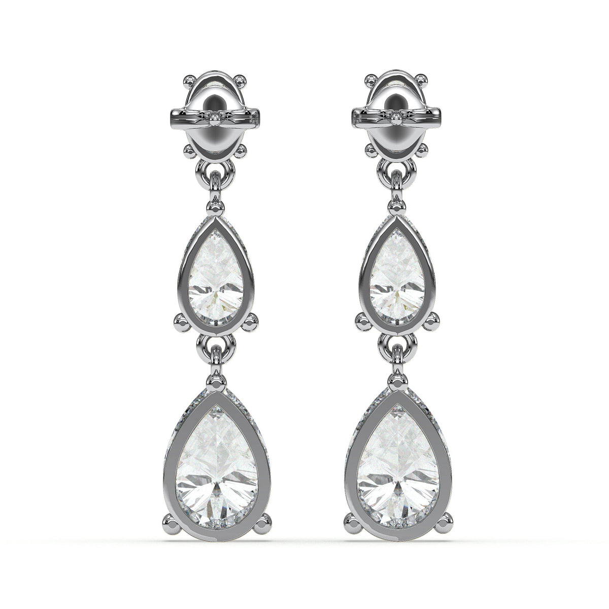 Three-tier pear drop earrings, moissanite stones in 18K White Gold Vermeil