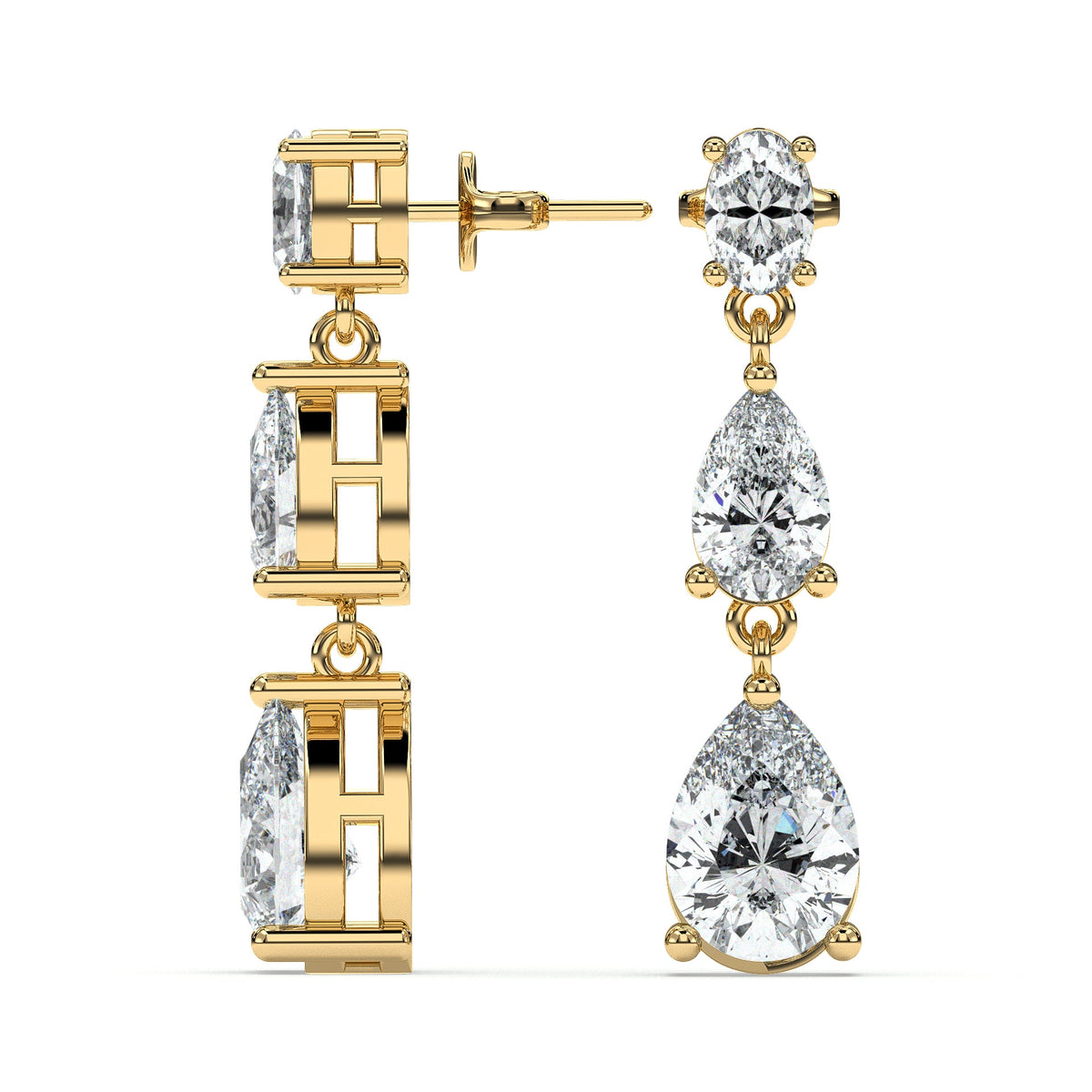 Three-tier pear drop earrings, moissanite stones in 18K Yellow Gold Vermeil