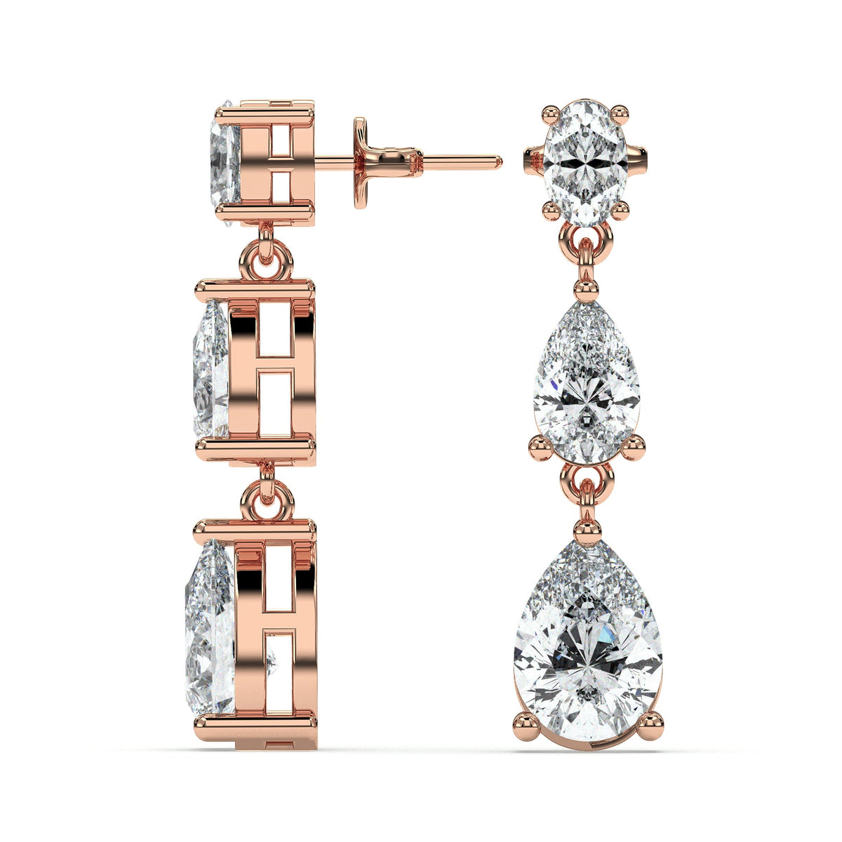 Three-tier pear drop earrings, moissanite stones in 18K Rose Gold Vermeil