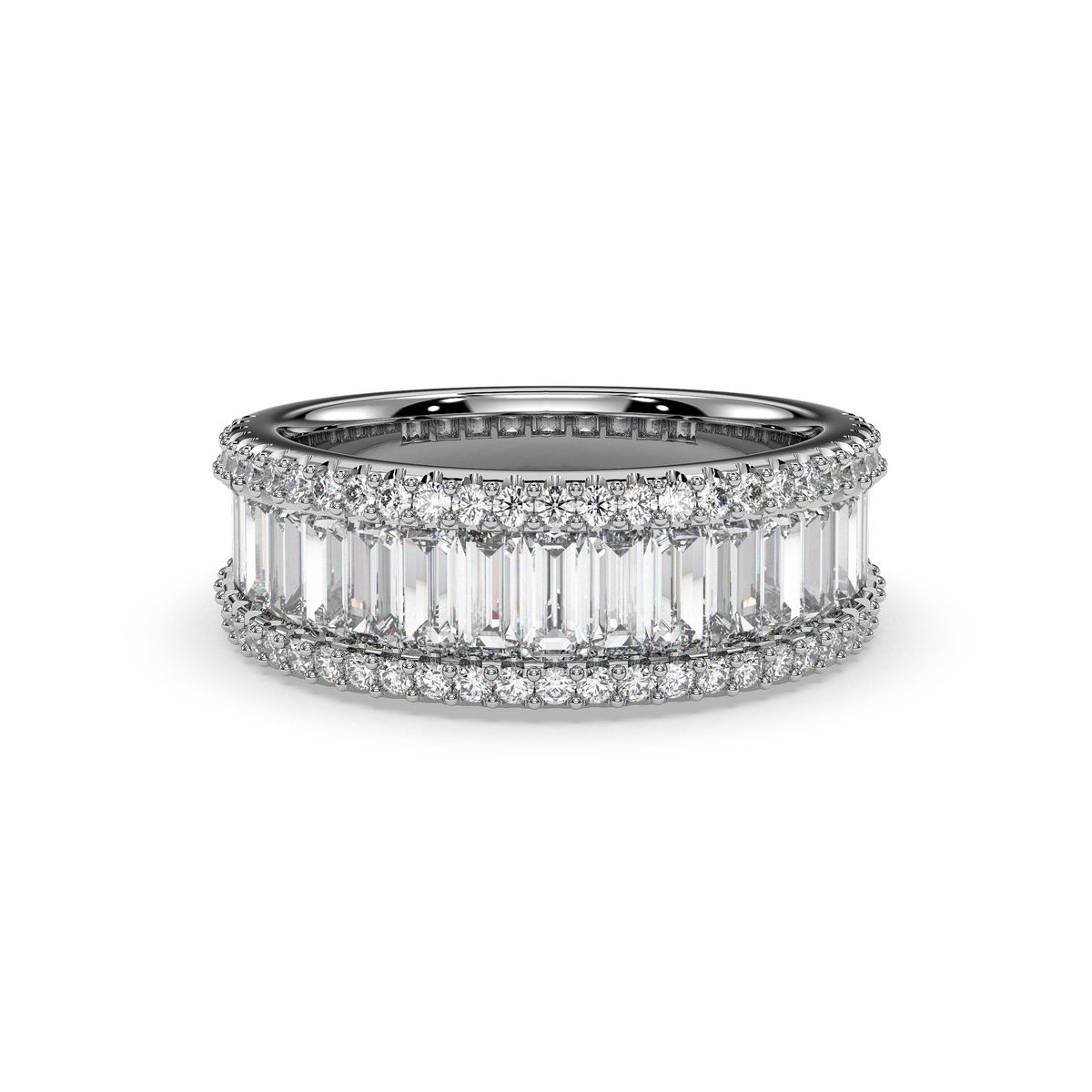 Wide baguette band with pavé borders, moissanite stones in 18K White Gold Vermeil