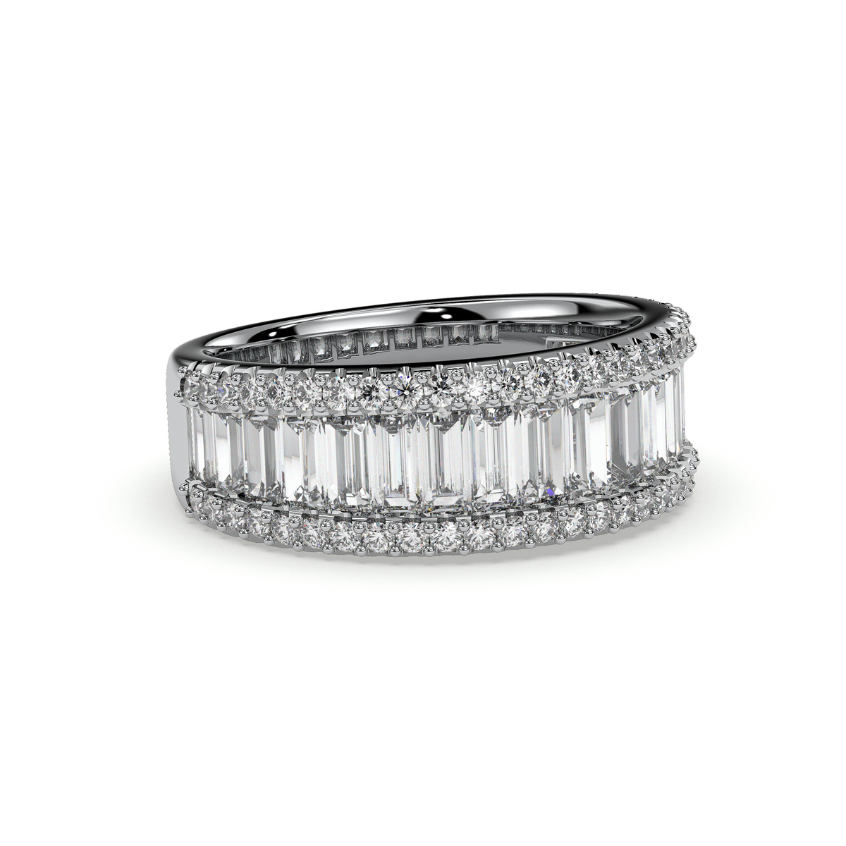 Wide baguette band with pavé borders, moissanite stones in 18K White Gold Vermeil
