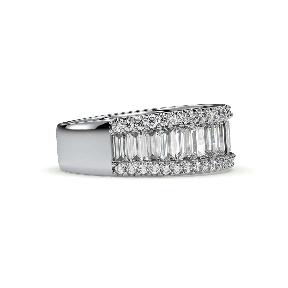 Wide baguette band with pavé borders, moissanite stones in 18K White Gold Vermeil