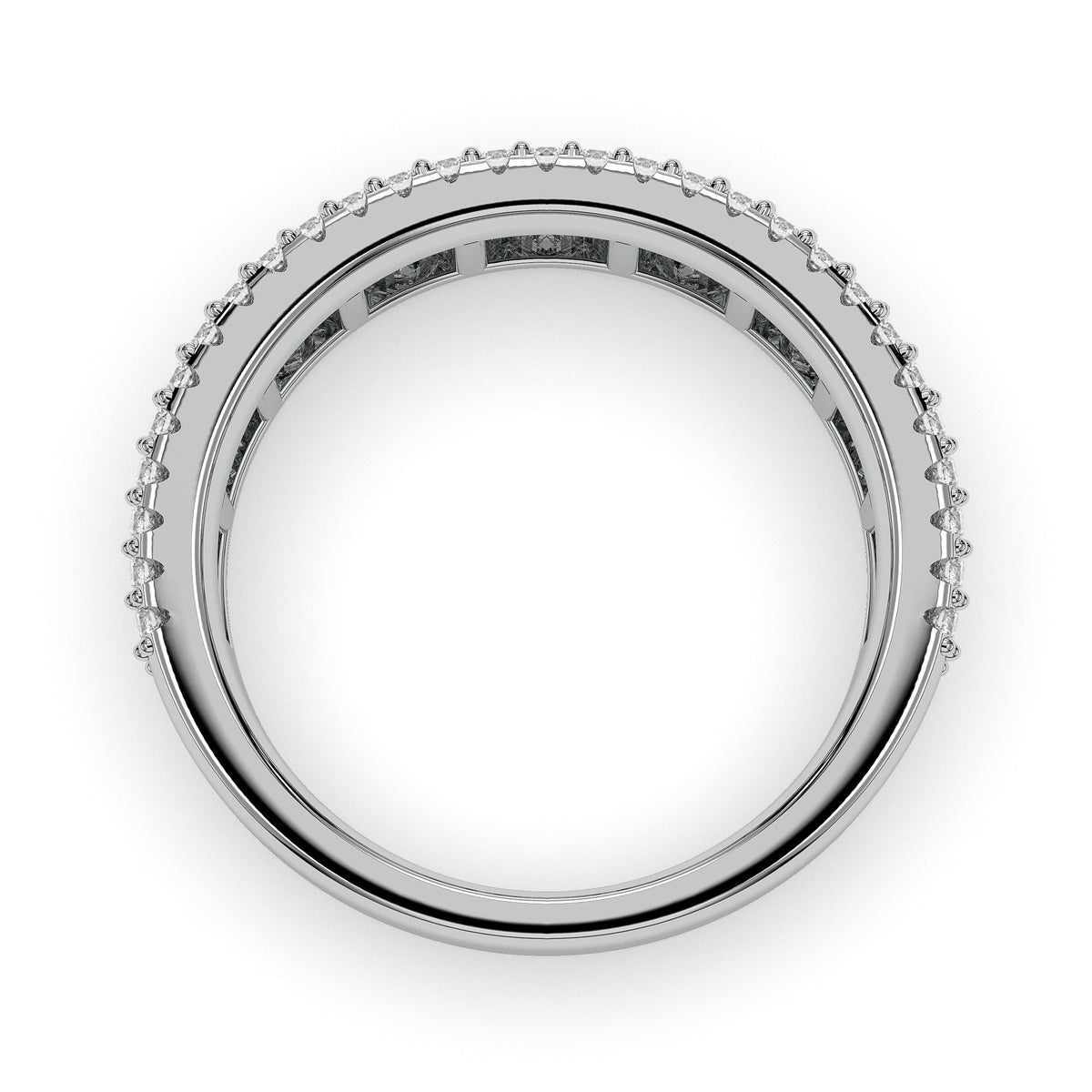 Wide baguette band with pavé borders, moissanite stones in 18K White Gold Vermeil
