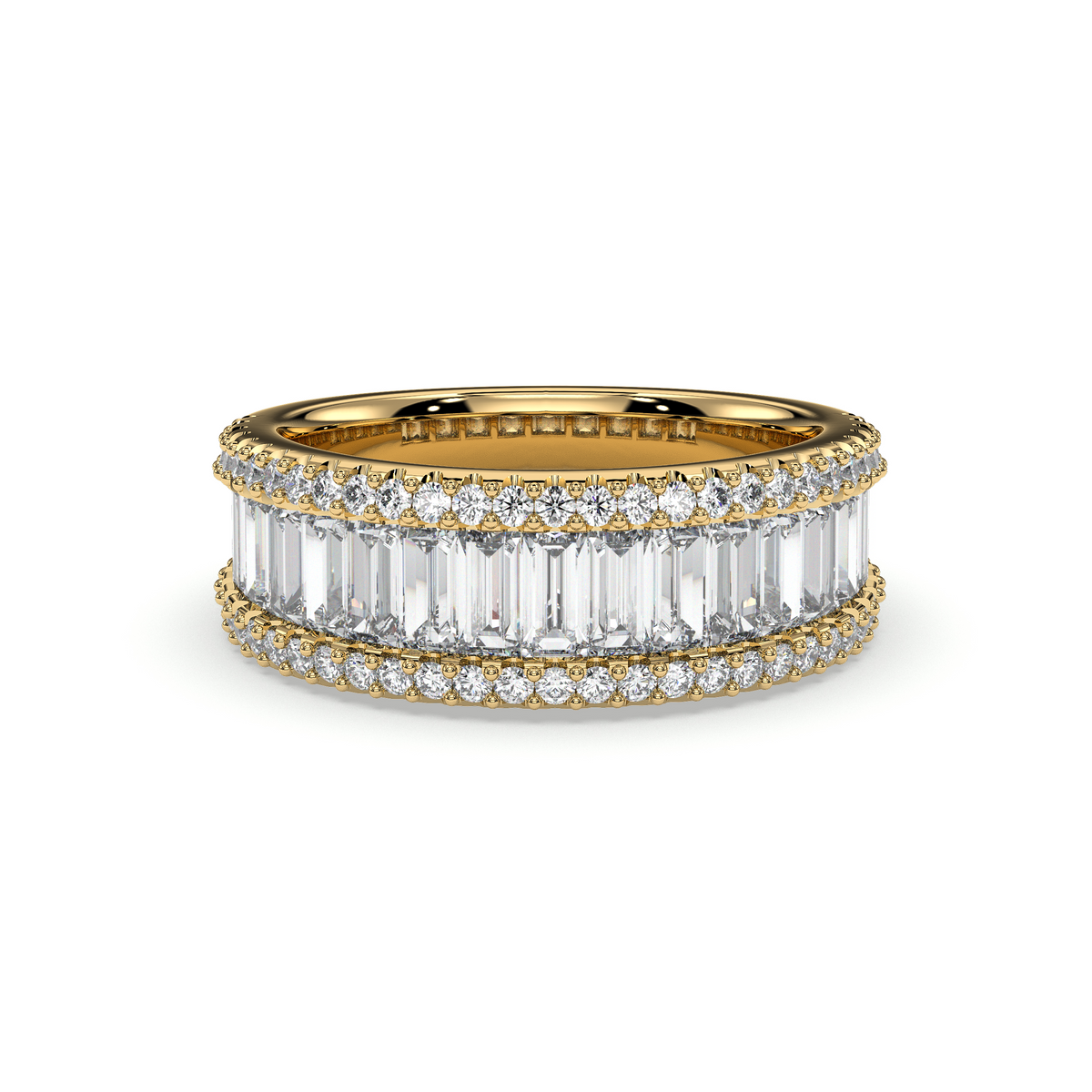 Wide baguette band with pavé borders, moissanite stones in 18K Yellow Gold Vermeil