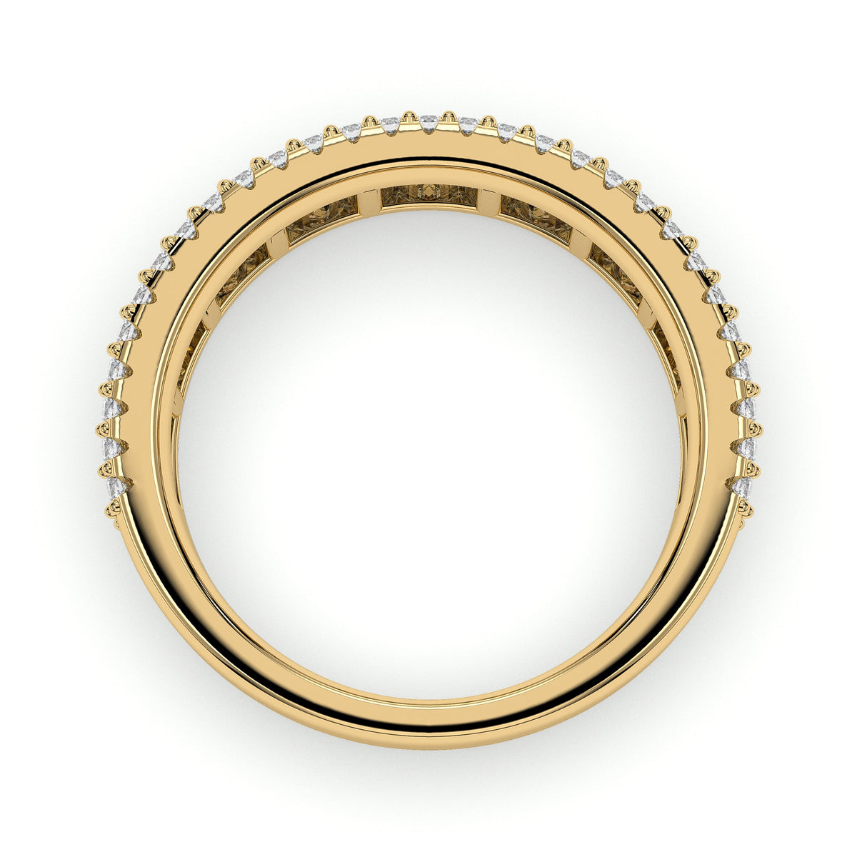 Wide baguette band with pavé borders, moissanite stones in 18K Yellow Gold Vermeil