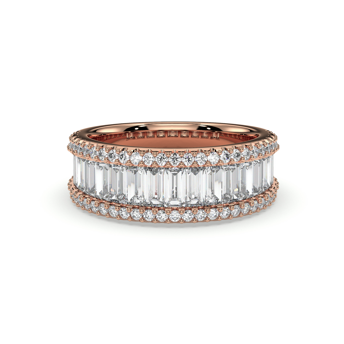 Wide baguette band with pavé borders, moissanite stones in 18K Rose Gold Vermeil
